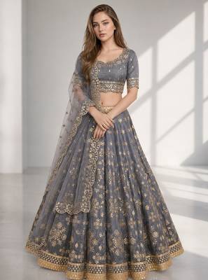 GREY SEQUINS & EMBROIDERED ART SILK FESTIVAL LEHENGA CHOLI SET 1