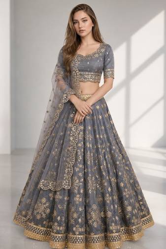 GREY SEQUINS & EMBROIDERED ART SILK FESTIVAL LEHENGA CHOLI SET
