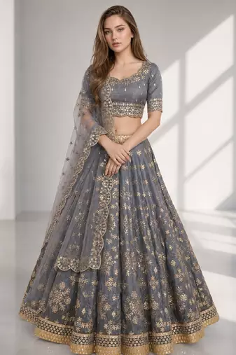 GREY SEQUINS & EMBROIDERED ART SILK FESTIVAL LEHENGA CHOLI SET