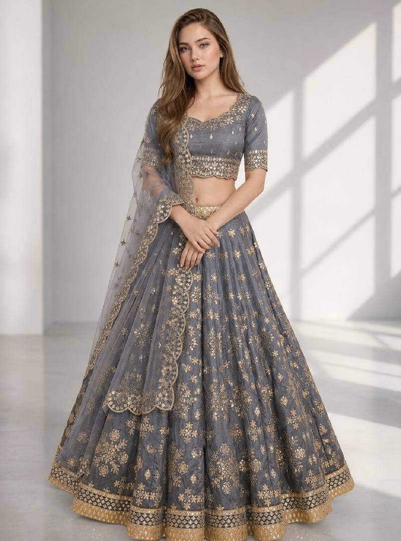 GREY SEQUINS & EMBROIDERED ART SILK FESTIVAL LEHENGA CHOLI SET