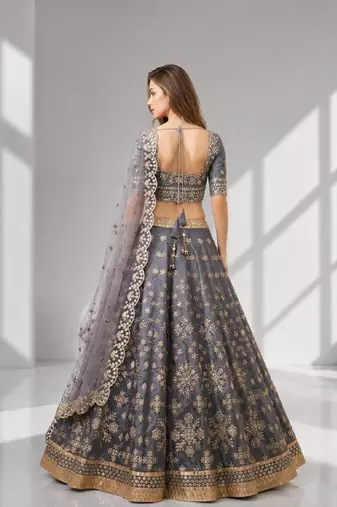 GREY SEQUINS & EMBROIDERED ART SILK FESTIVAL LEHENGA CHOLI SET