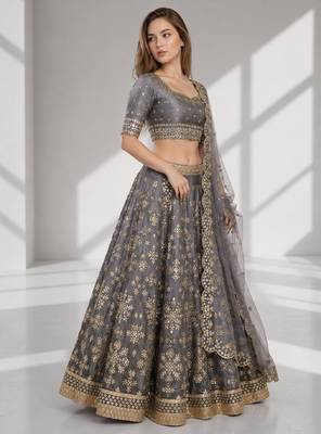 GREY SEQUINS & EMBROIDERED ART SILK FESTIVAL LEHENGA CHOLI SET 3