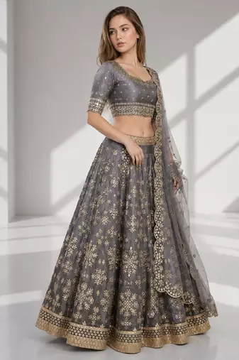 GREY SEQUINS & EMBROIDERED ART SILK FESTIVAL LEHENGA CHOLI SET