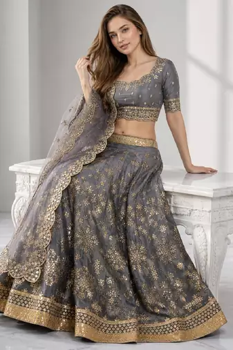 GREY SEQUINS & EMBROIDERED ART SILK FESTIVAL LEHENGA CHOLI SET