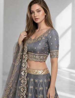 GREY SEQUINS & EMBROIDERED ART SILK FESTIVAL LEHENGA CHOLI SET 5