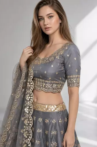 GREY SEQUINS & EMBROIDERED ART SILK FESTIVAL LEHENGA CHOLI SET