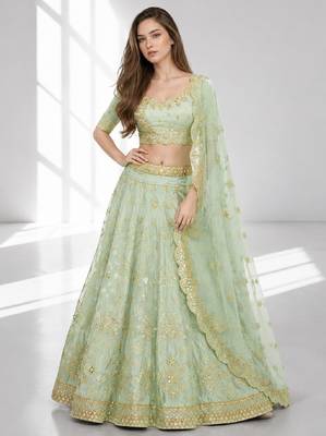 PISTA SEQUINS & EMBROIDERED ART SILK FESTIVAL LEHENGA CHOLI SET 1