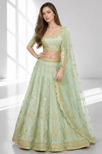 PISTA SEQUINS & EMBROIDERED ART SILK FESTIVAL LEHENGA CHOLI SET