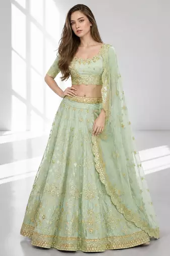 PISTA SEQUINS & EMBROIDERED ART SILK FESTIVAL LEHENGA CHOLI SET