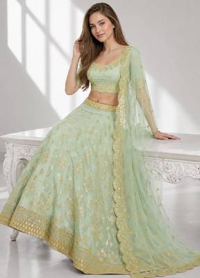 PISTA SEQUINS & EMBROIDERED ART SILK FESTIVAL LEHENGA CHOLI SET 4