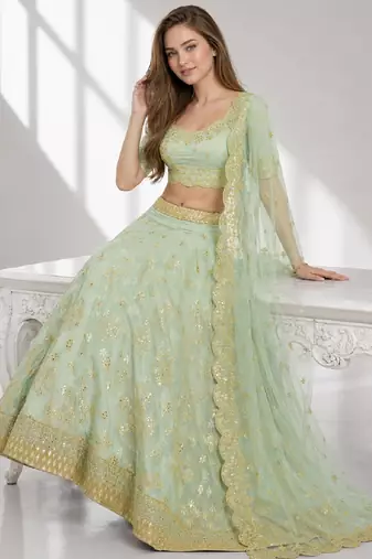 PISTA SEQUINS & EMBROIDERED ART SILK FESTIVAL LEHENGA CHOLI SET