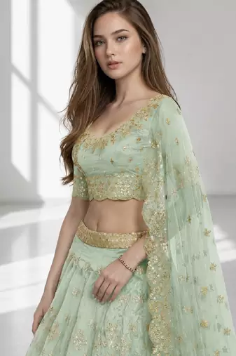 PISTA SEQUINS & EMBROIDERED ART SILK FESTIVAL LEHENGA CHOLI SET