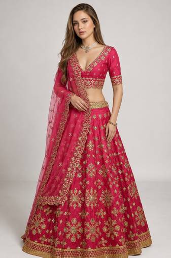 PINK SEQUINS & EMBROIDERED ART SILK FESTIVAL LEHENGA CHOLI SET