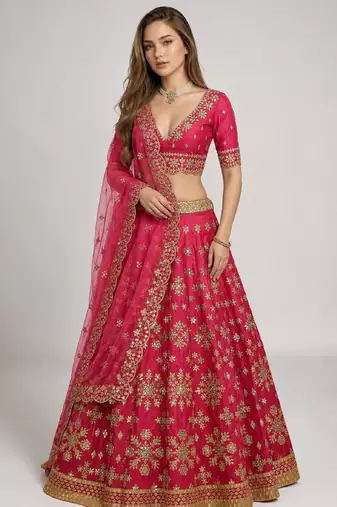 PINK SEQUINS & EMBROIDERED ART SILK FESTIVAL LEHENGA CHOLI SET
