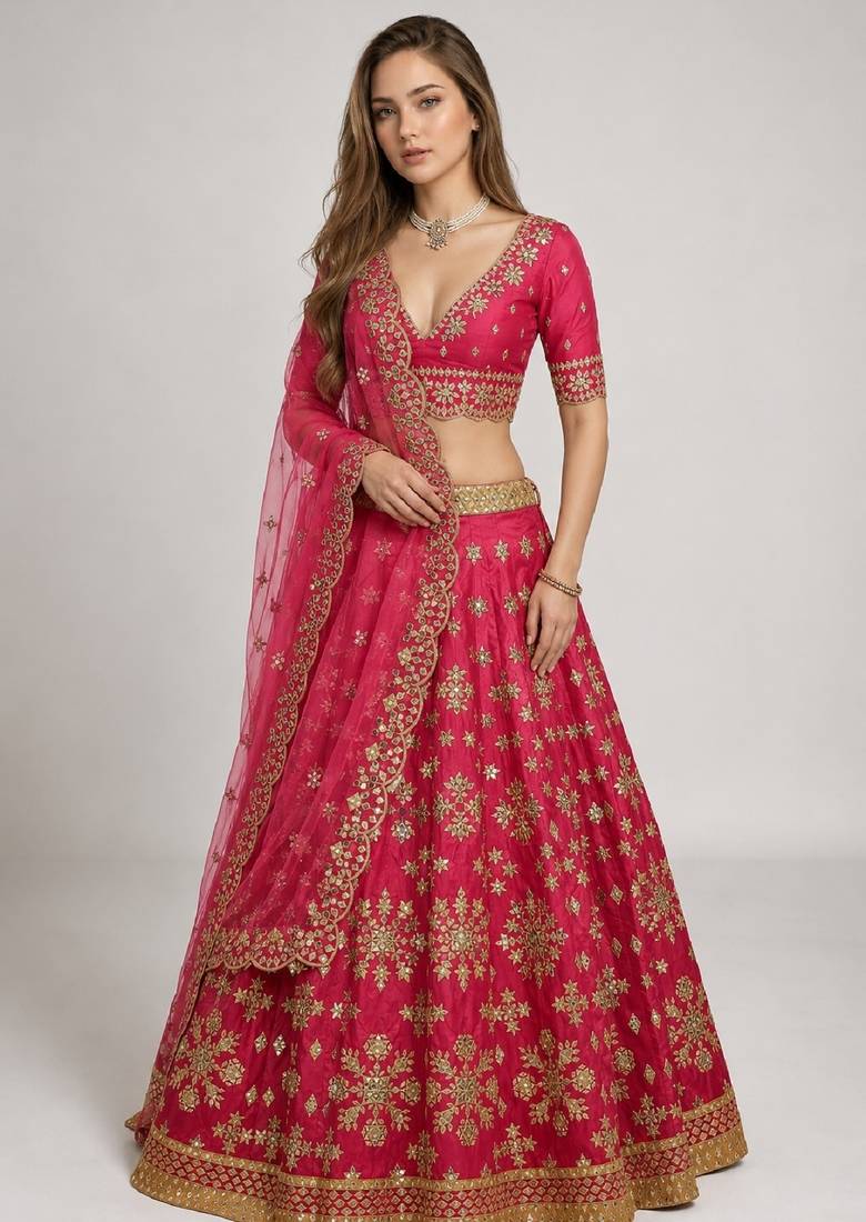 PINK SEQUINS & EMBROIDERED ART SILK FESTIVAL LEHENGA CHOLI SET