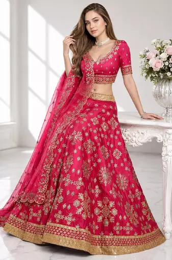 PINK SEQUINS & EMBROIDERED ART SILK FESTIVAL LEHENGA CHOLI SET