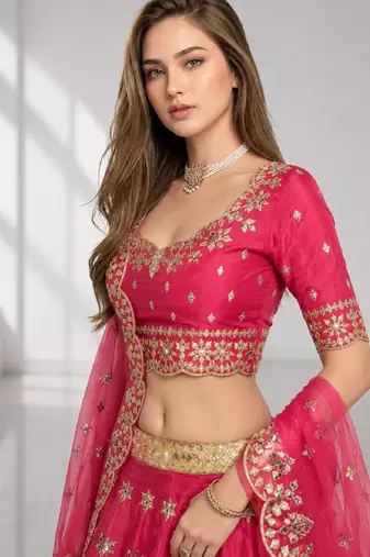 PINK SEQUINS & EMBROIDERED ART SILK FESTIVAL LEHENGA CHOLI SET