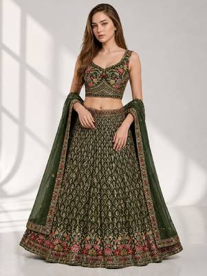 GREEN SEQUINS & EMBROIDERED GEORGETTE FESTIVAL LEHENGA CHOLI SET 1