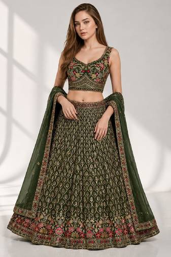 GREEN SEQUINS & EMBROIDERED GEORGETTE FESTIVAL LEHENGA CHOLI SET