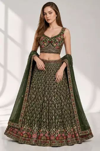 GREEN SEQUINS & EMBROIDERED GEORGETTE FESTIVAL LEHENGA CHOLI SET