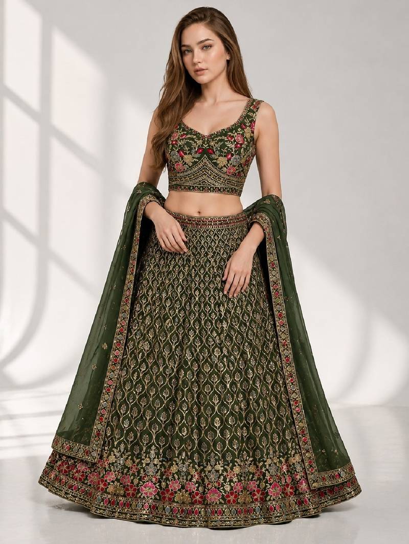 GREEN SEQUINS & EMBROIDERED GEORGETTE FESTIVAL LEHENGA CHOLI SET