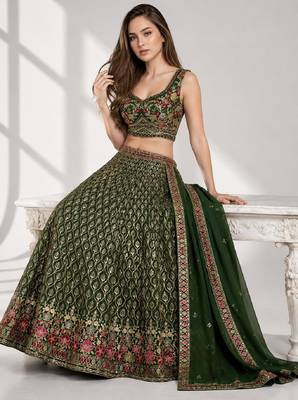 GREEN SEQUINS & EMBROIDERED GEORGETTE FESTIVAL LEHENGA CHOLI SET 4