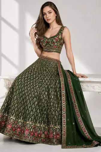 GREEN SEQUINS & EMBROIDERED GEORGETTE FESTIVAL LEHENGA CHOLI SET