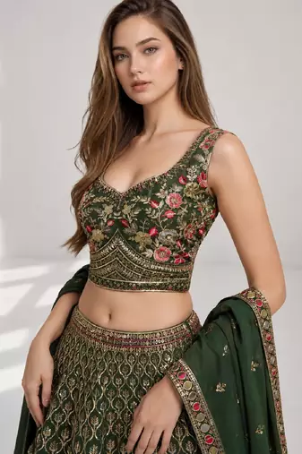 GREEN SEQUINS & EMBROIDERED GEORGETTE FESTIVAL LEHENGA CHOLI SET