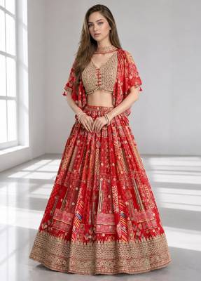 RED SEQUINS & EMBROIDERED CHINNON FESTIVAL LEHENGA CHOLI SET 1