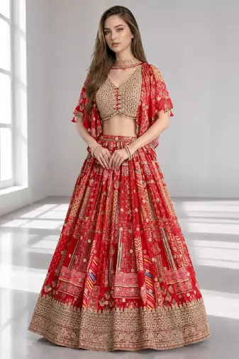 RED SEQUINS & EMBROIDERED CHINNON FESTIVAL LEHENGA CHOLI SET
