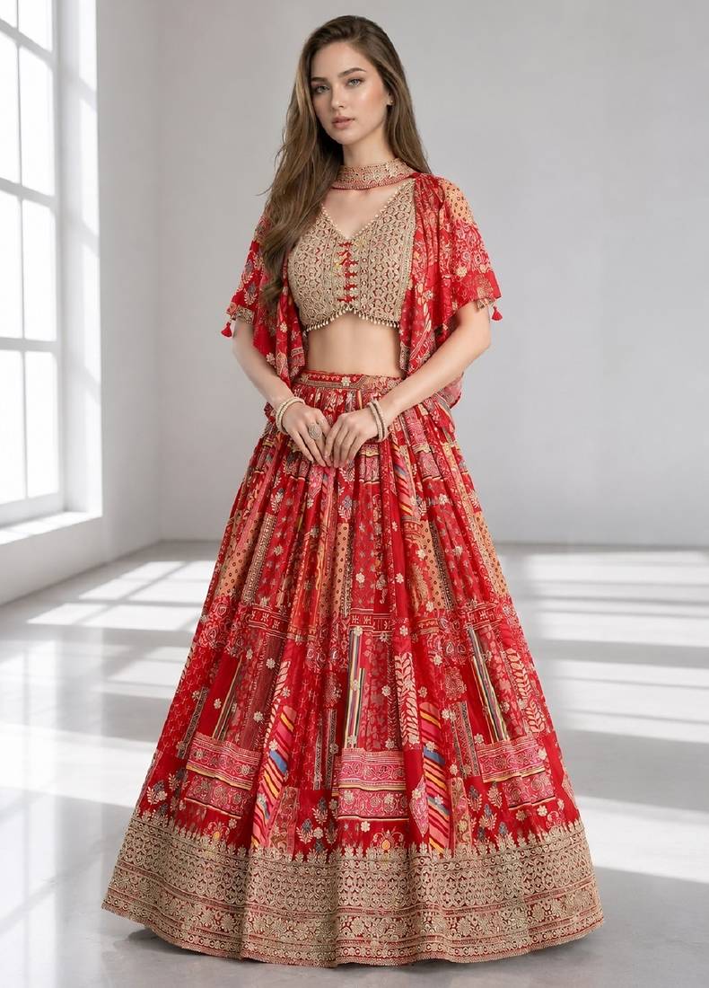 RED SEQUINS & EMBROIDERED CHINNON FESTIVAL LEHENGA CHOLI SET