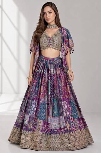 PURPLE SEQUINS & EMBROIDERED CHINNON FESTIVAL LEHENGA CHOLI SET