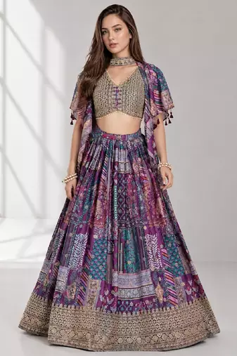 PURPLE SEQUINS & EMBROIDERED CHINNON FESTIVAL LEHENGA CHOLI SET