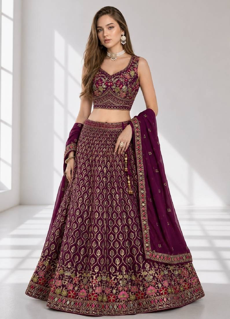 PURPLE SEQUINS & EMBROIDERED GEORGETTE FESTIVAL LEHENGA CHOLI SET