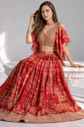 RED SEQUINS & EMBROIDERED CHINNON FESTIVAL LEHENGA CHOLI SET