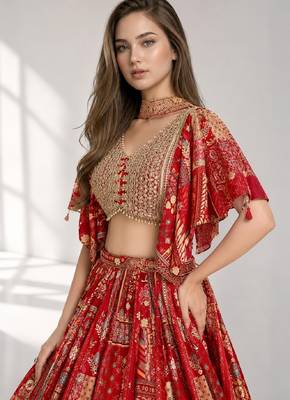 RED SEQUINS & EMBROIDERED CHINNON FESTIVAL LEHENGA CHOLI SET 5