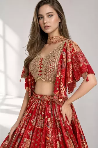 RED SEQUINS & EMBROIDERED CHINNON FESTIVAL LEHENGA CHOLI SET