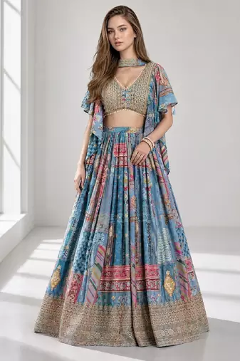 SKY SEQUINS & EMBROIDERED CHINNON FESTIVAL LEHENGA CHOLI SET