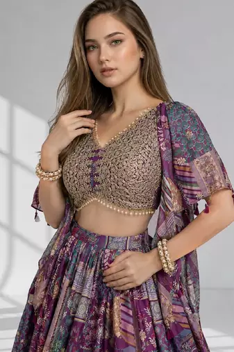 PURPLE SEQUINS & EMBROIDERED CHINNON FESTIVAL LEHENGA CHOLI SET
