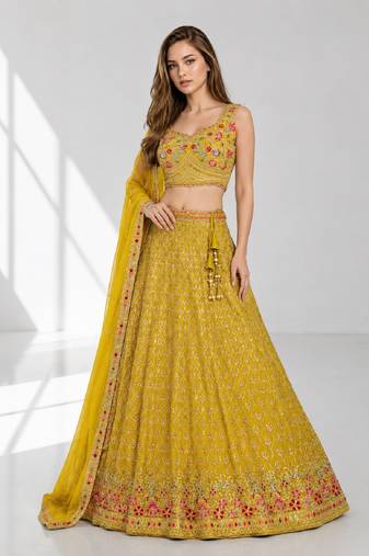 YELLOW SEQUINS & EMBROIDERED GEORGETTE FESTIVAL LEHENGA CHOLI SET