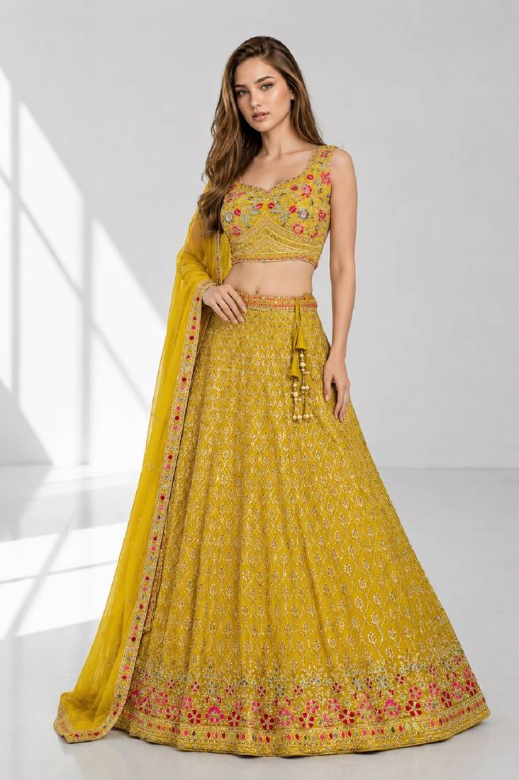 YELLOW SEQUINS & EMBROIDERED GEORGETTE FESTIVAL LEHENGA CHOLI SET