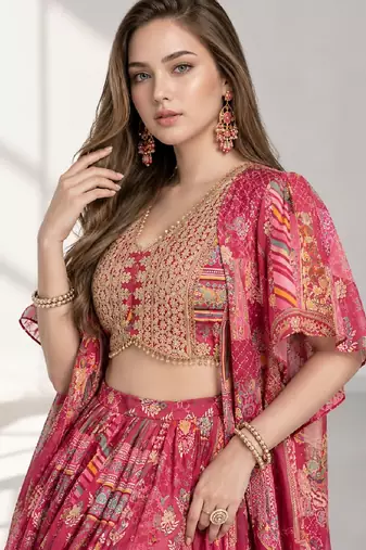 PINK SEQUINS & EMBROIDERED CHINNON FESTIVAL LEHENGA CHOLI SET