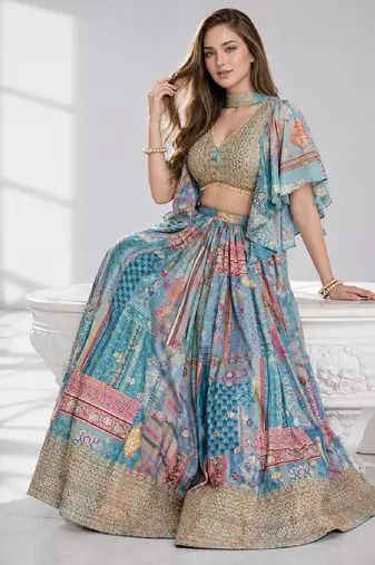 SKY SEQUINS & EMBROIDERED CHINNON FESTIVAL LEHENGA CHOLI SET