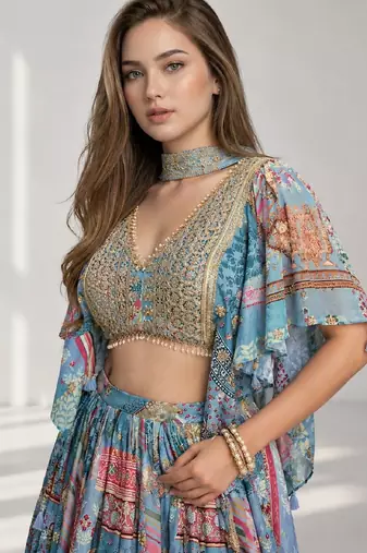 SKY SEQUINS & EMBROIDERED CHINNON FESTIVAL LEHENGA CHOLI SET