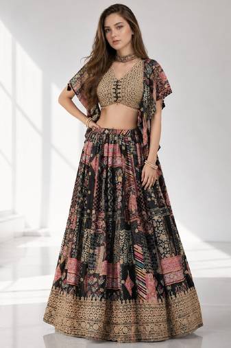 BLACK SEQUINS & EMBROIDERED CHINNON FESTIVAL LEHENGA CHOLI SET