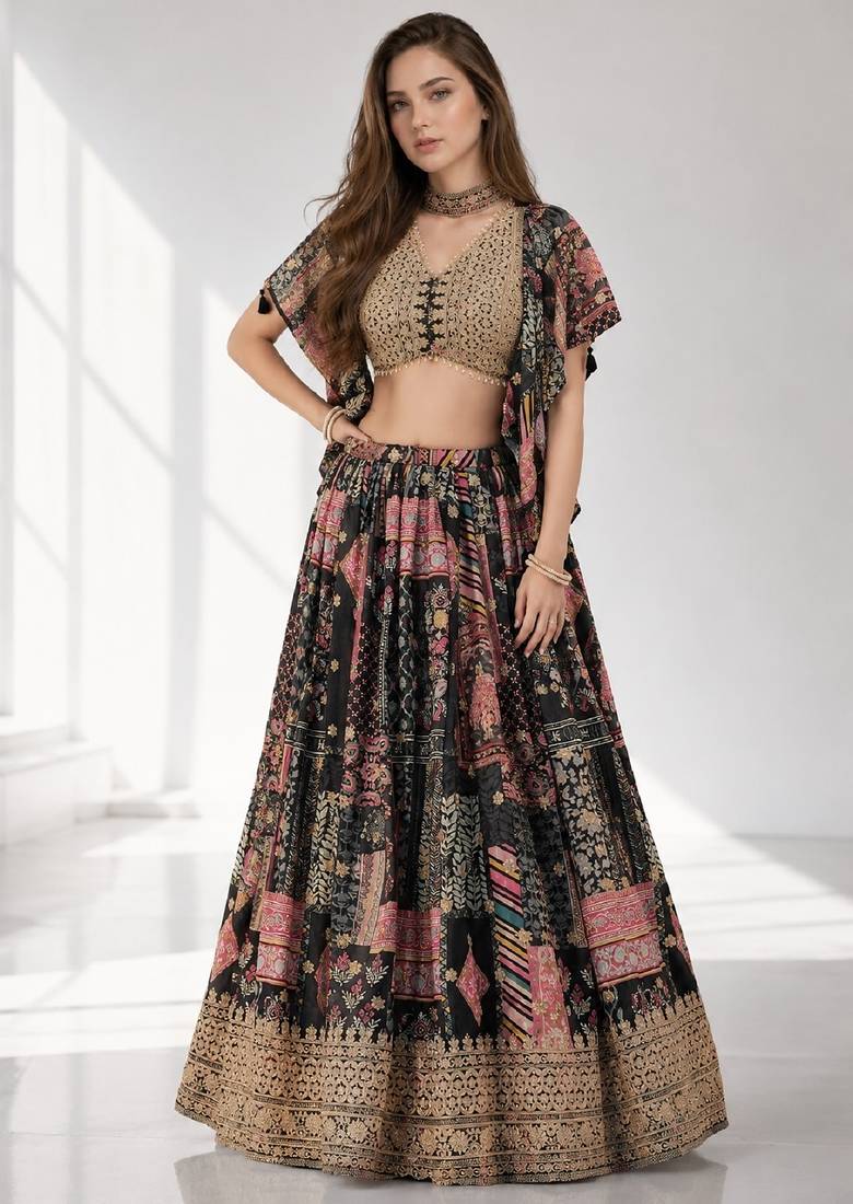 BLACK SEQUINS & EMBROIDERED CHINNON FESTIVAL LEHENGA CHOLI SET
