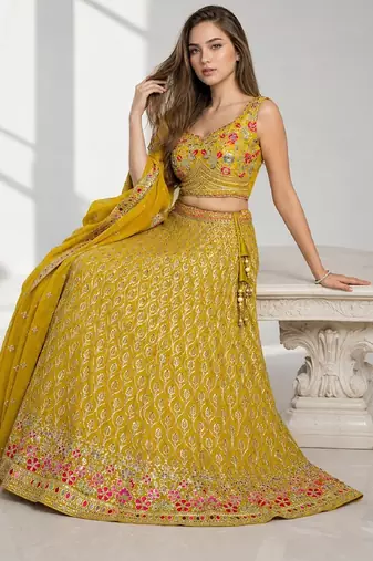 YELLOW SEQUINS & EMBROIDERED GEORGETTE FESTIVAL LEHENGA CHOLI SET