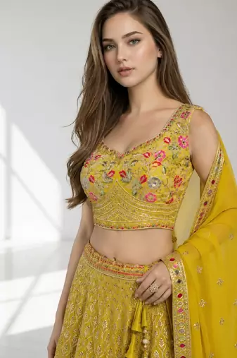 YELLOW SEQUINS & EMBROIDERED GEORGETTE FESTIVAL LEHENGA CHOLI SET