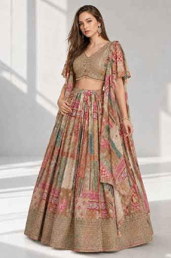 BEIGE SEQUINS & EMBROIDERED CHINNON FESTIVAL LEHENGA CHOLI SET
