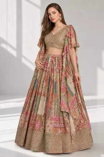 BEIGE SEQUINS & EMBROIDERED CHINNON FESTIVAL LEHENGA CHOLI SET